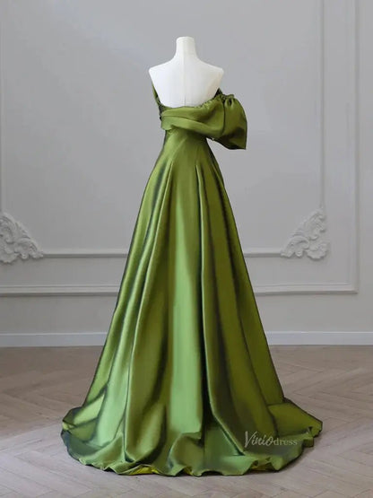 Olive Green Satin Prom Dresses with Sweetheart Neck & Puffed Sleeve - Viniodress Olive Green Satin Prom Dresses with Sweetheart Neck & Puffed Sleeve - Viniodress