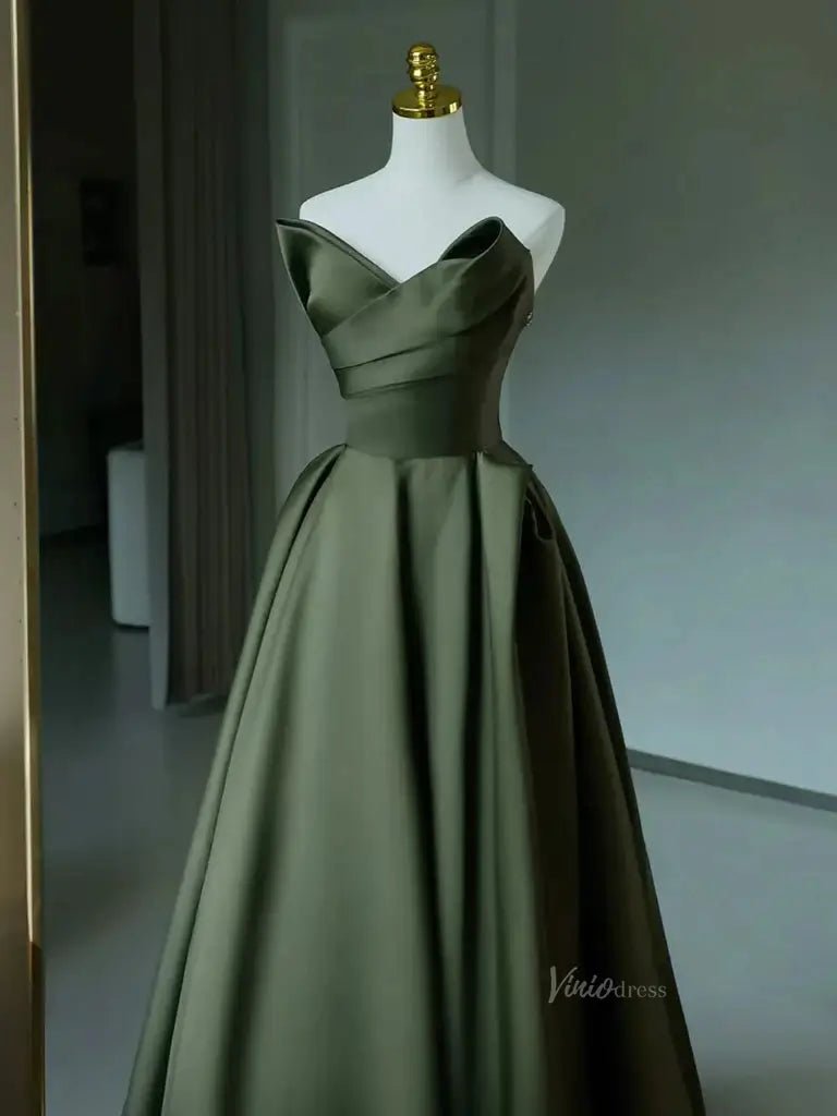 Olive Green Satin Strapless Prom Dresses with Sweetheart Neckline & Corset Back - FD5291-prom dresses 2025 -Viniodress-Green-Custom Size-