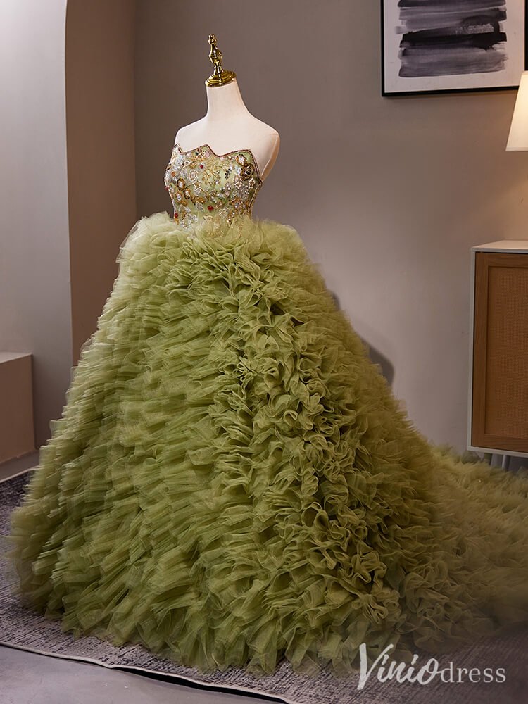 Olive Green Tiered Ruffled Quinceanera Dress Strapless Beaded Lace Prom Ball Gown AD1303-Quinceanera Dresses 2025 -Viniodress-Olive Green-Custom Size-