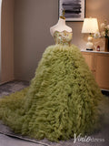 Olive Green Tiered Ruffled Quinceanera Dress Strapless Beaded Lace Prom Ball Gown AD1303-Quinceanera Dresses-Viniodress-Viniodress