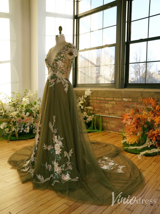 Olive Green Whimsical Wedding Dress | Tulle Gown with Meadow Embroidery, V-Neck, Cap Sleeves – FD6142-wedding dresses 2025 -Viniodress-Meadow Green-Custom Size-