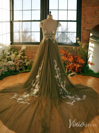 Olive Green Whimsical Wedding Dress | Tulle Gown with Meadow Embroidery, V-Neck, Cap Sleeves – FD6142-wedding dresses 2025 -Viniodress-Meadow Green-Custom Size-