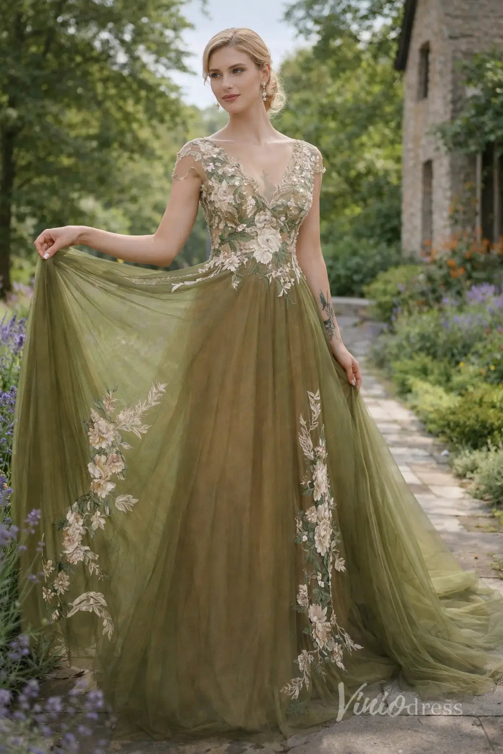 Olive Green Whimsical Wedding Dress | Tulle Gown with Meadow Embroidery, V-Neck, Cap Sleeves – FW6142-wedding dresses 2026-Viniodress-Meadow Green-Custom Size – Add Measurements in Cart-