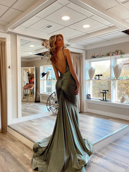 Olive Mermaid Satin Prom Dresses Rhinestone Spaghetti Strap Evening Dress FD3648-prom dresses 2025 -Viniodress-Olive Green-Custom Size-