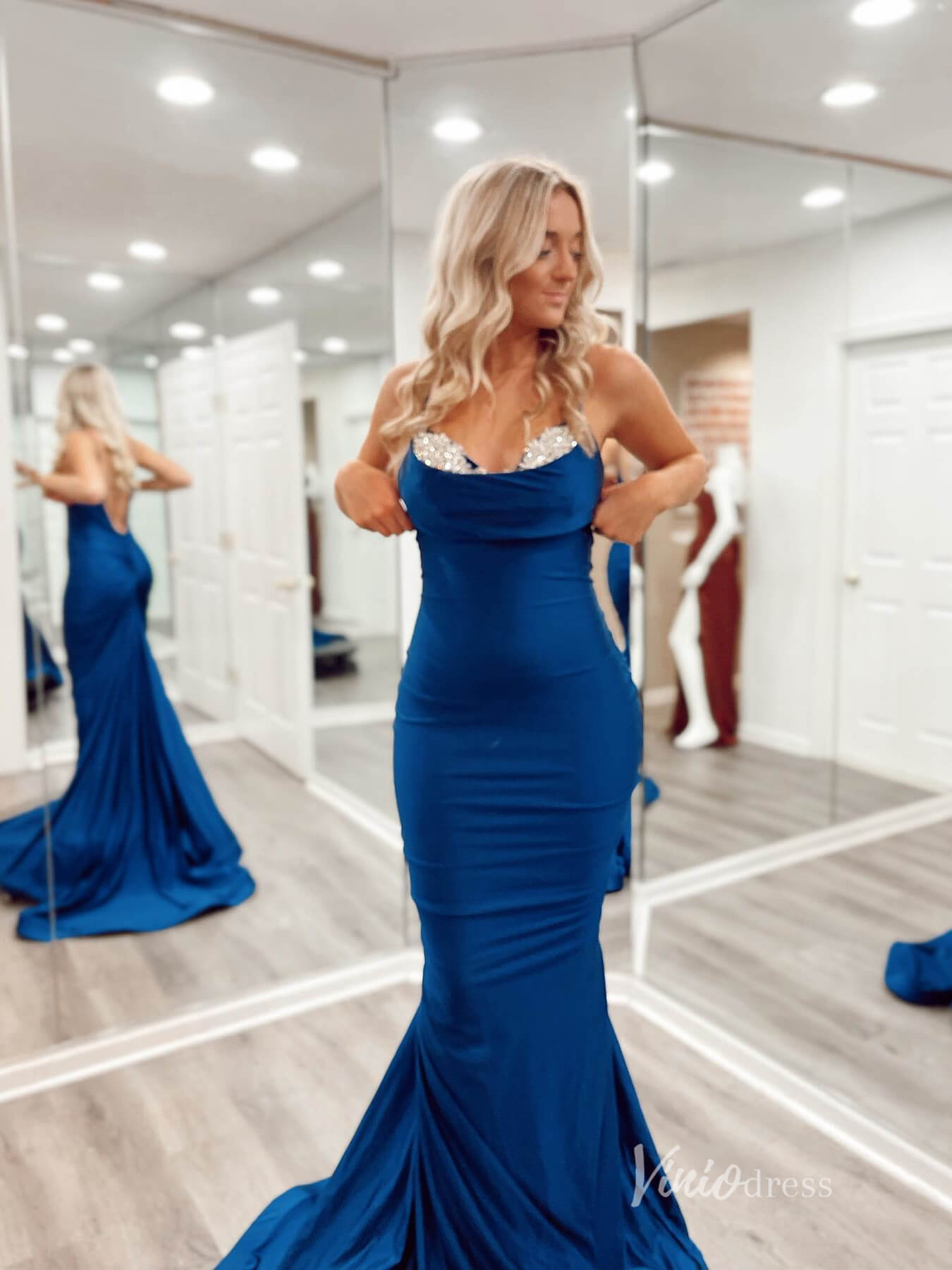 Olive Mermaid Satin Prom Dresses Rhinestone Spaghetti Strap Evening Dress FD3648-prom dresses 2025 -Viniodress-Olive Green-Custom Size-