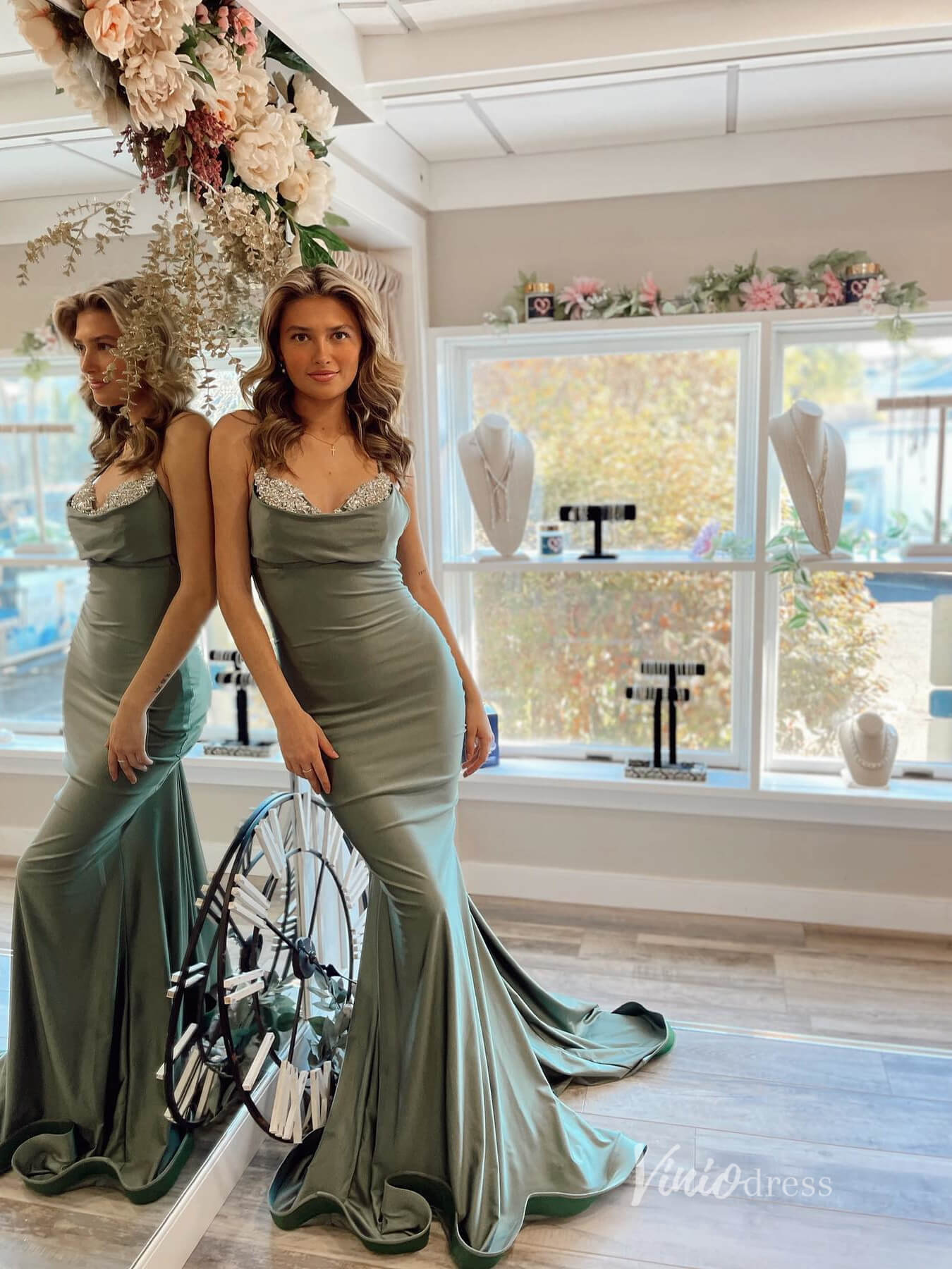 Olive Mermaid Satin Prom Dresses Rhinestone Spaghetti Strap Evening Dress FD3648 - Viniodressprom dressesOlive GreenCustom Size - Formal Dresses - Ball Gowns