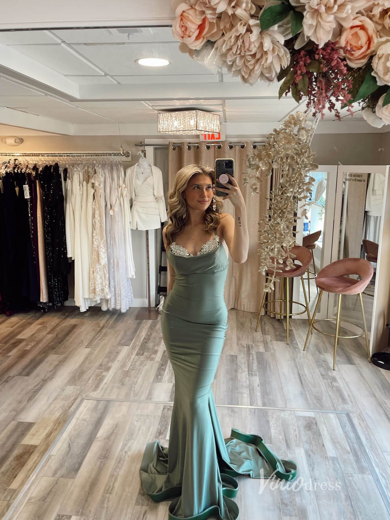 Olive Mermaid Satin Prom Dresses Rhinestone Spaghetti Strap Evening Dress FD3648 - Viniodressprom dressesOlive GreenCustom Size - Formal Dresses - Ball Gowns