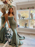 Olive Mermaid Satin Prom Dresses Rhinestone Spaghetti Strap Evening Dress FD3648