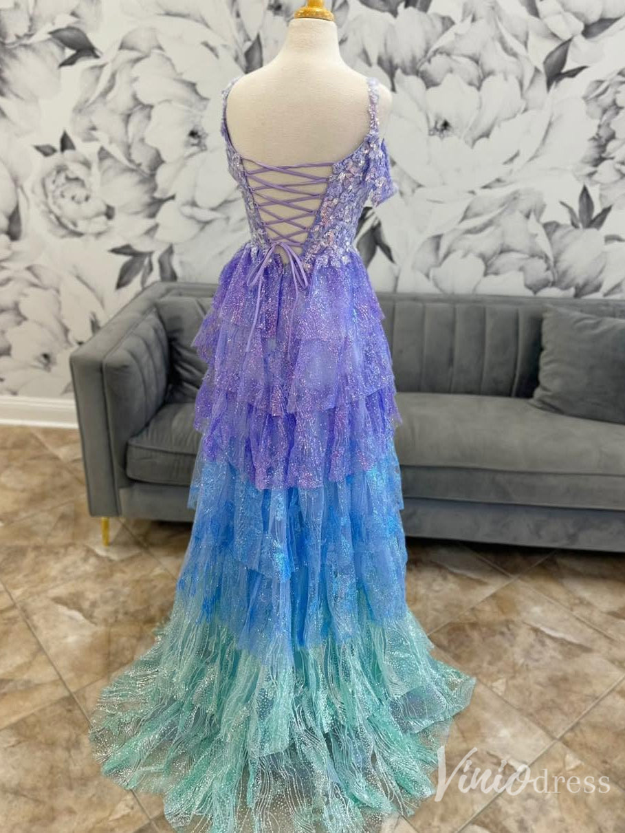 Ombre Glitter Tiered A-Line Prom Dress with Lace-Up Back Lavender Blue Formal Dress – FD6124-prom dresses 2025 -Viniodress-Lavender-Custom Size-