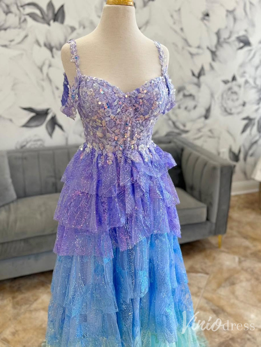 Ombre Glitter Tiered A-Line Prom Dress with Lace-Up Back Lavender Blue Formal Dress – FD6124-prom dresses 2025 -Viniodress-Lavender-Custom Size-