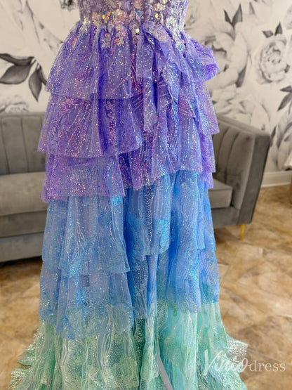 Ombre Glitter Tiered A-Line Prom Dress with Lace-Up Back Lavender Blue Formal Dress – FD6124-prom dresses 2025 -Viniodress-Lavender-Custom Size-