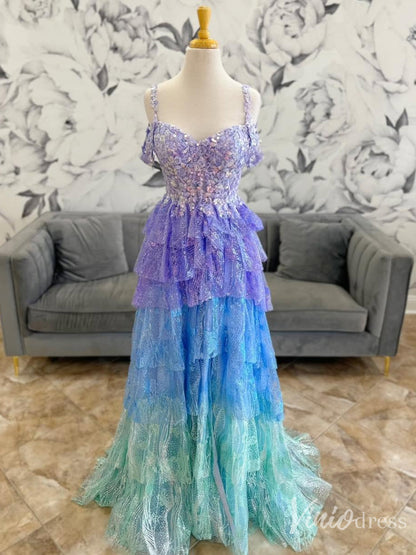Ombre Glitter Tiered A-Line Prom Dress with Lace-Up Back Lavender Blue Formal Dress – FD6124-prom dresses 2025 -Viniodress-Lavender-Custom Size-