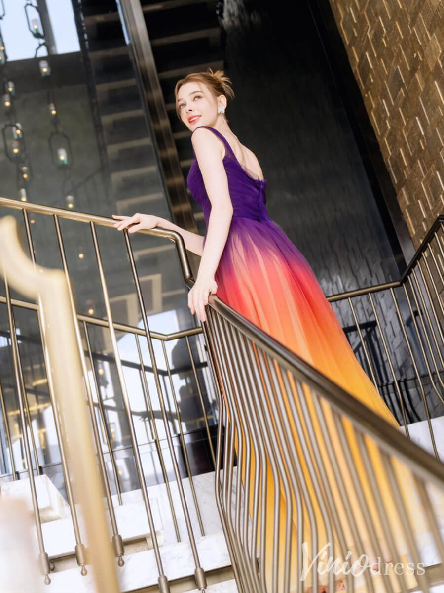 Ombre Tulle Prom Dresses with Slit Sleeveless A-Line Evening Dress AD1322-prom dresses 2025 -Viniodress-Ombre-Custom Size-