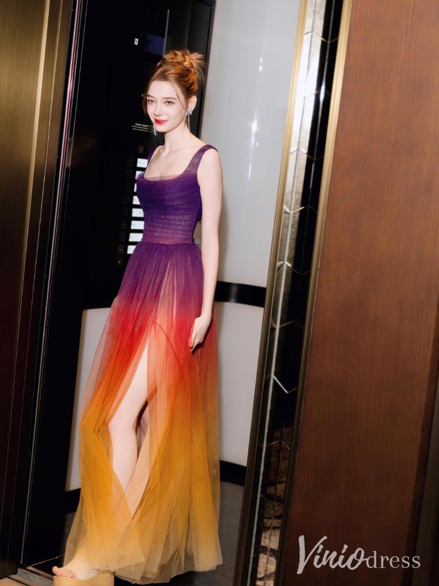 Ombre Tulle Prom Dresses with Slit Sleeveless A-Line Evening Dress AD1322-prom dresses 2025 -Viniodress-Ombre-Custom Size-