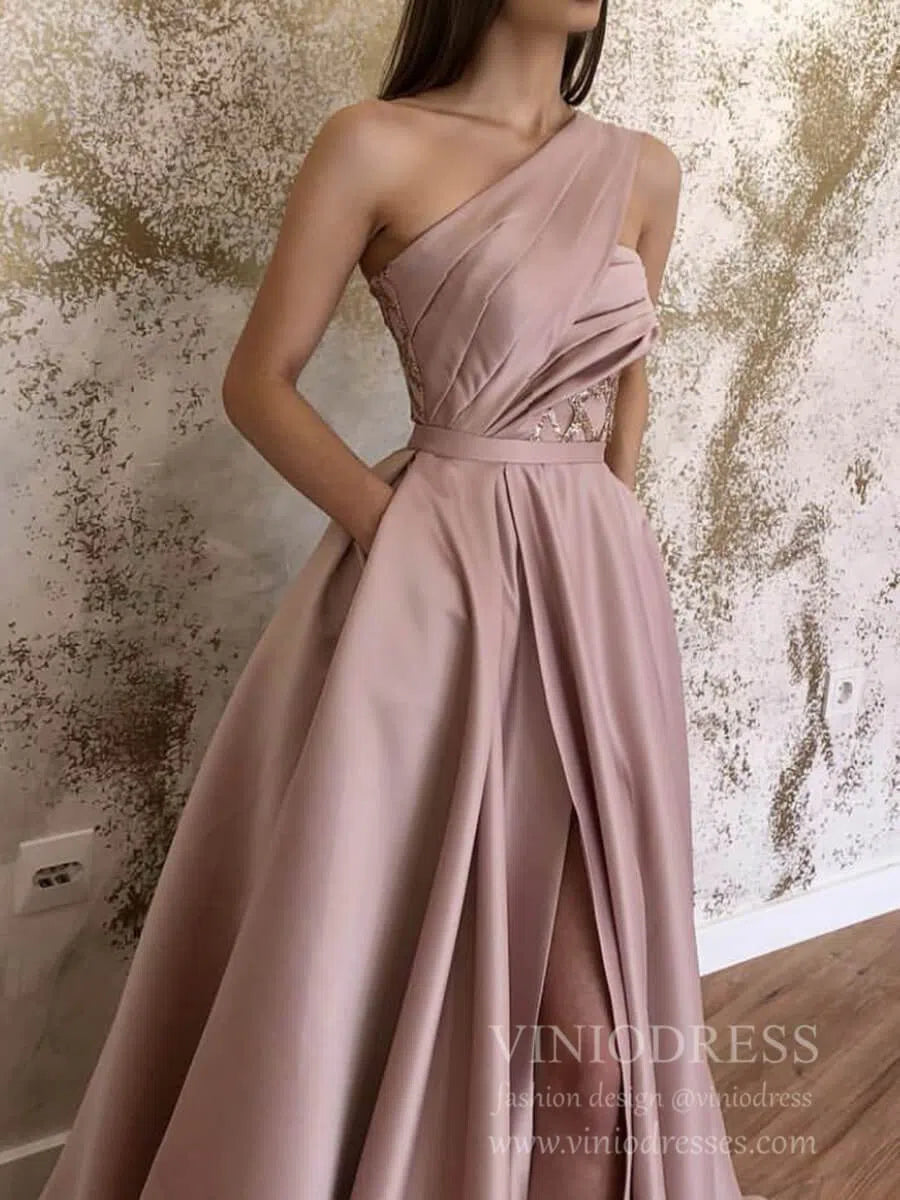 One Shouder Dusty Rose Prom Dresses with Pockets FD1540-prom dresses 2025 -Viniodress-Dusty Rose-Custom Size-