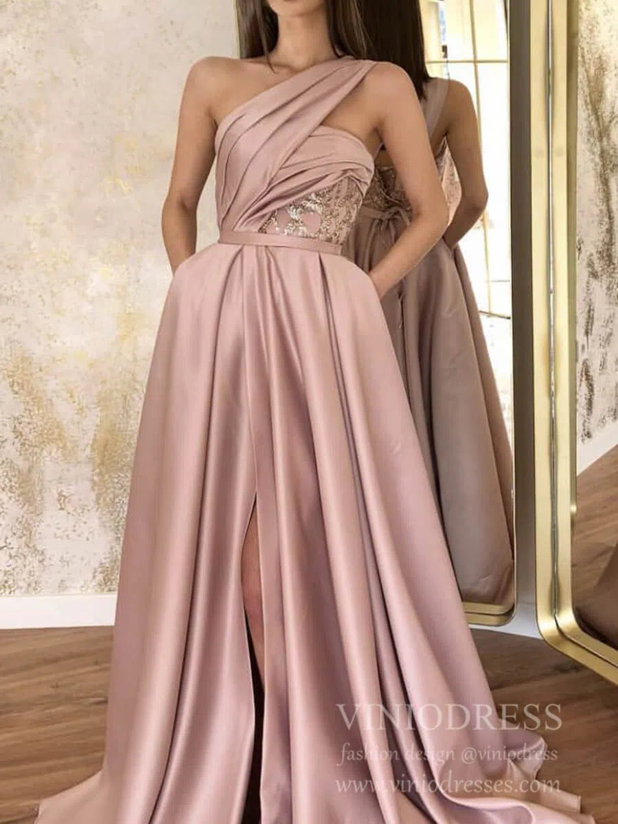 One Shouder Dusty Rose Prom Dresses with Pockets FD1540-prom dresses 2025 -Viniodress-Dusty Rose-Custom Size-