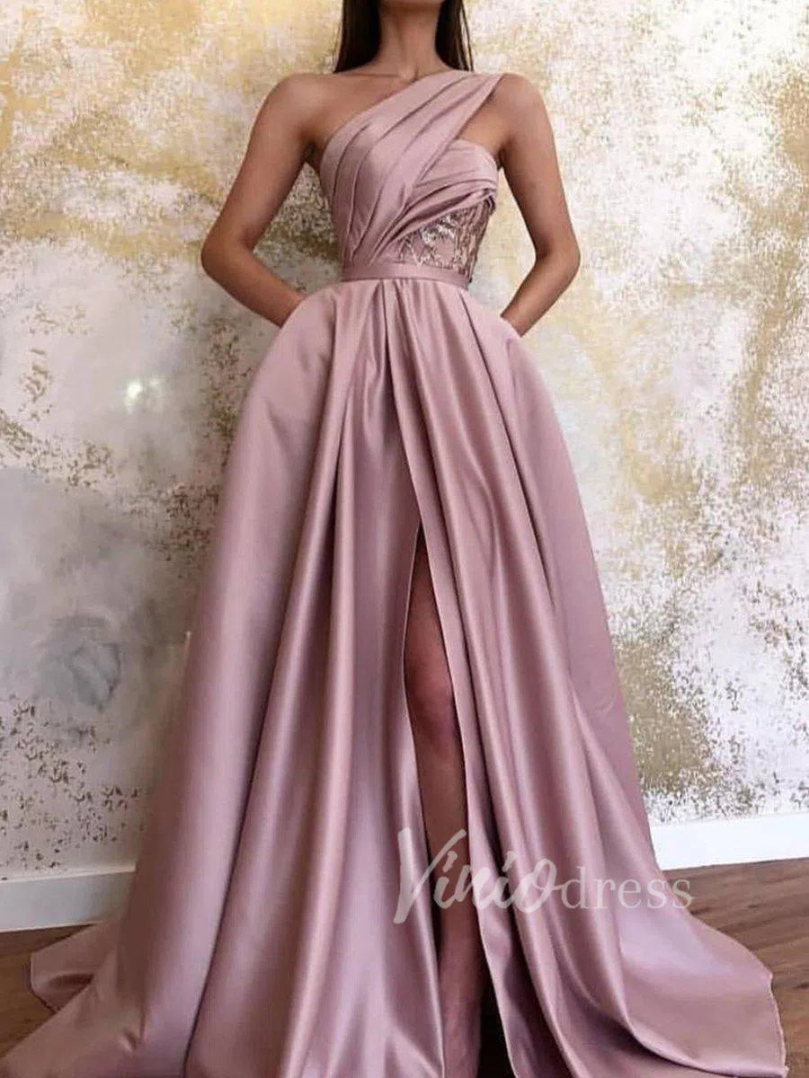 One Shouder Dusty Rose Prom Dresses with Pockets FD1540-prom dresses 2025 -Viniodress-Dusty Rose-Custom Size-