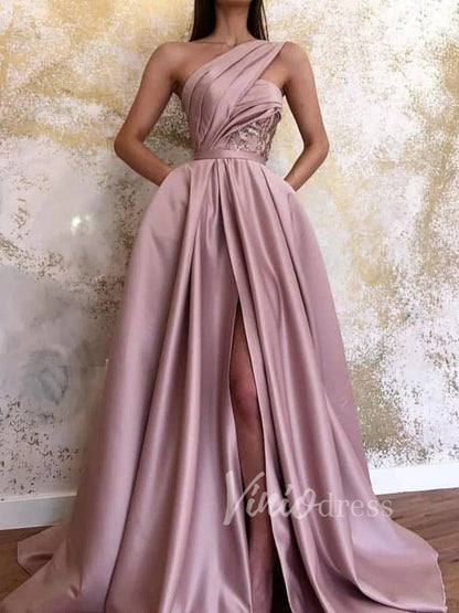 One Shouder Dusty Rose Prom Dresses with Pockets FD1540-prom dresses 2025 -Viniodress-Dusty Rose-Custom Size-