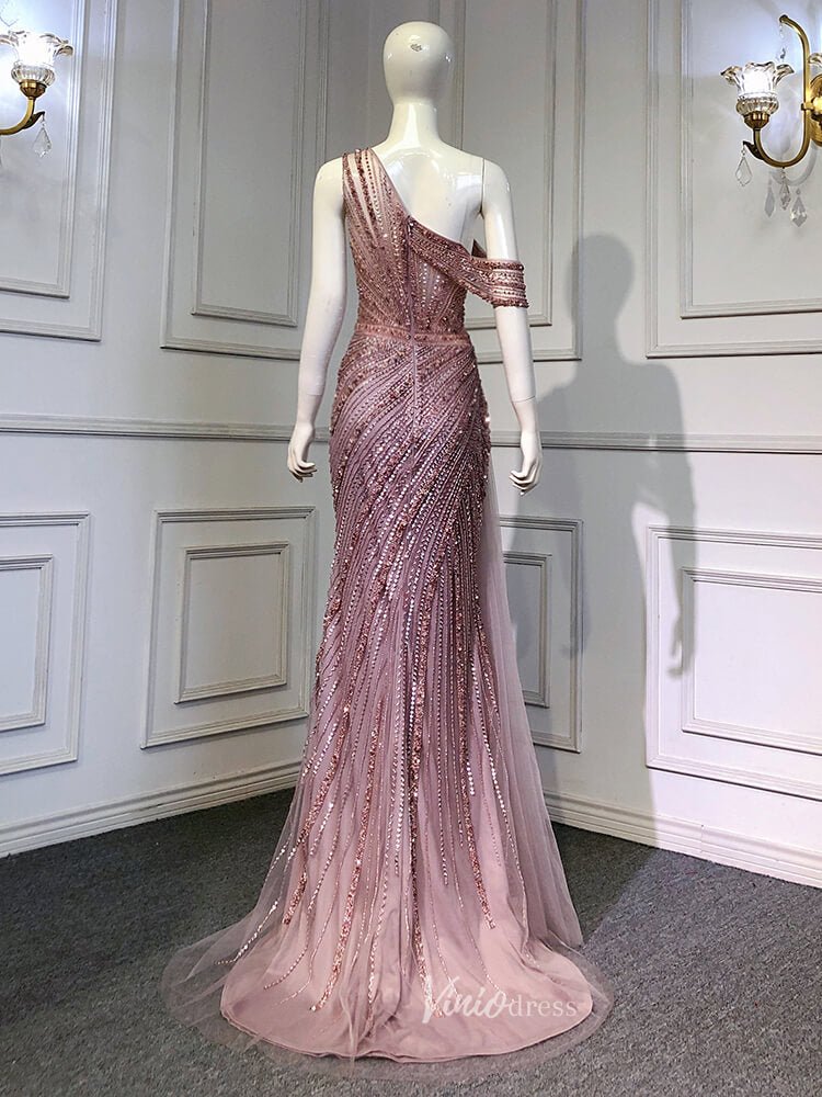 One Shoulder Beaded Prom Dresses 1920s Evening Dress with Slit 20044-Evening Dresses 2025 -Viniodress-Mauve-US 2-