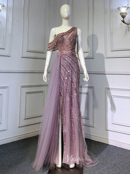 One Shoulder Beaded Prom Dresses 1920s Evening Dress with Slit 20044-Evening Dresses 2025 -Viniodress-Mauve-US 2-
