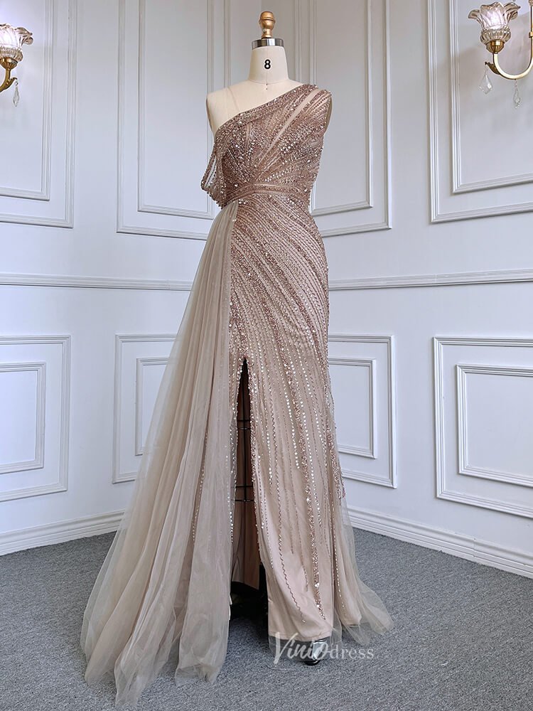 One Shoulder Beaded Prom Dresses 1920s Evening Dress with Slit 20044-Evening Dresses 2025 -Viniodress-Taupe-US 2-