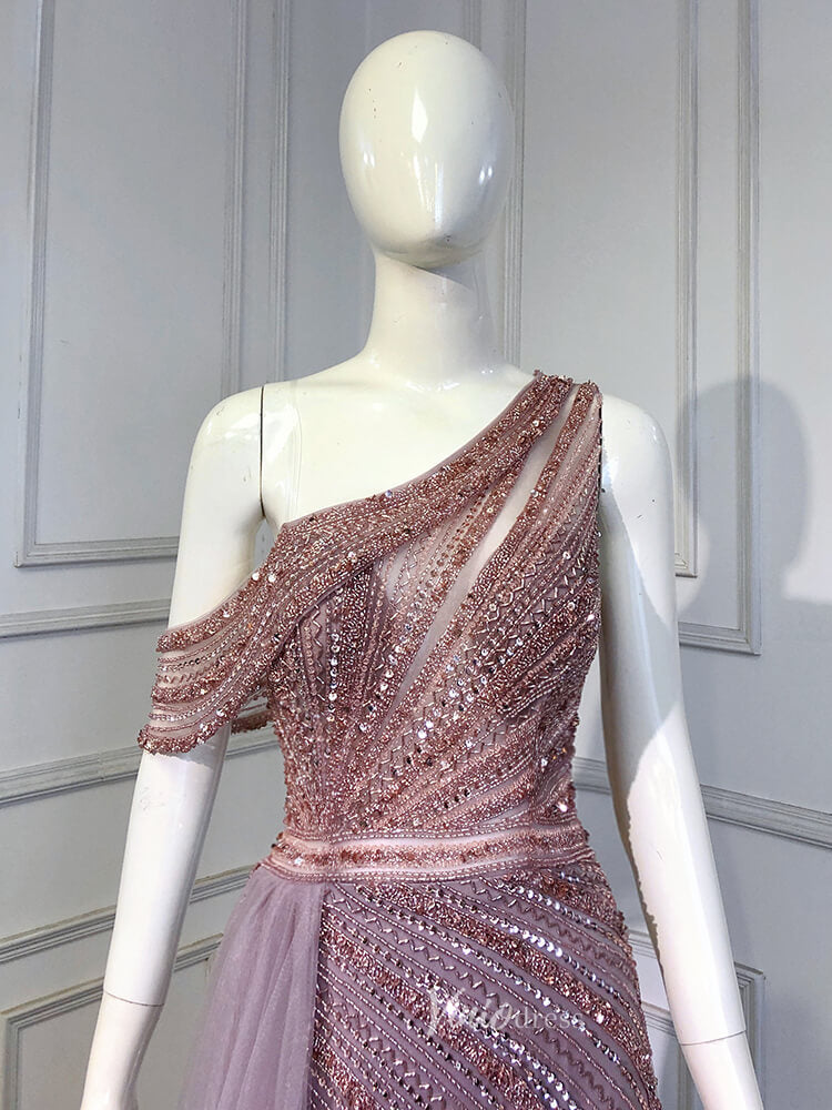 Prom Dress 2025 One Shoulder Beaded Prom Dresses 1920s Evening Dress with Slit 20044-unique prom dresses-Mauve-US 2-Viniodress