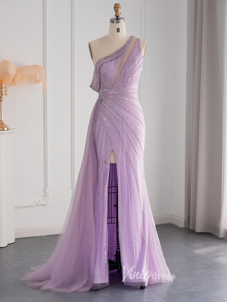 One Shoulder Beaded Prom Dresses High Slit 1920s Evening Dress 20078-Evening Dresses 2025 -Viniodress-Lilac-US 2-