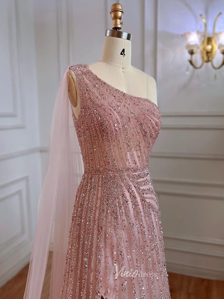 One Shoulder Beaded Prom Dresses Watteau Train 1920s Evening Dress with Slit 20045-Evening Dresses 2025 -Viniodress-Pink-US 2-
