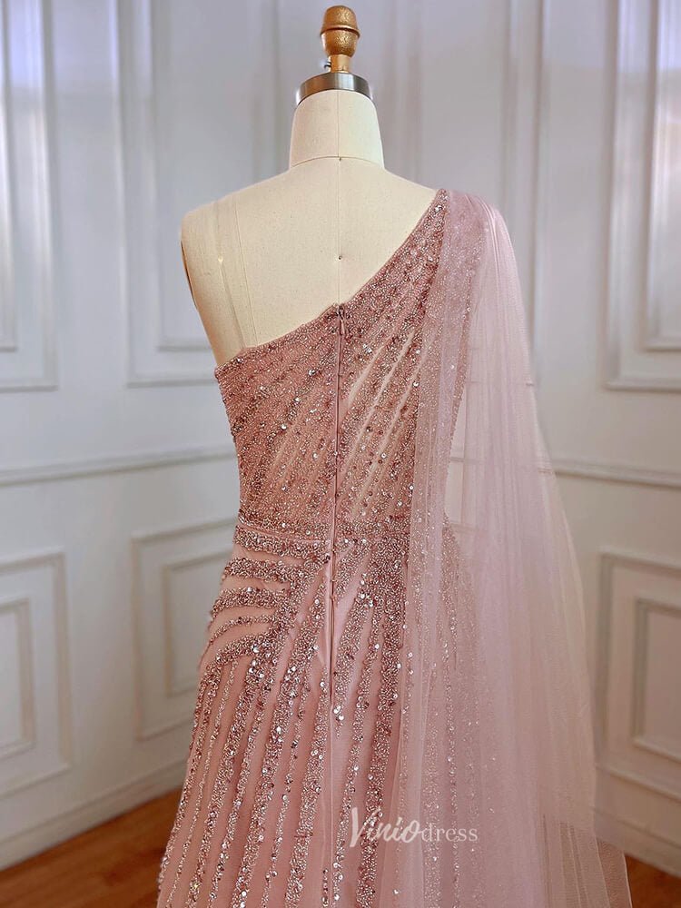 One Shoulder Beaded Prom Dresses Watteau Train 1920s Evening Dress with Slit 20045-Evening Dresses 2025 -Viniodress-Pink-US 2-