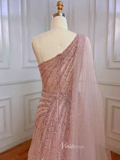 One Shoulder Beaded Prom Dresses Watteau Train 1920s Evening Dress with Slit 20045-Evening Dresses 2025 -Viniodress-Pink-US 2-