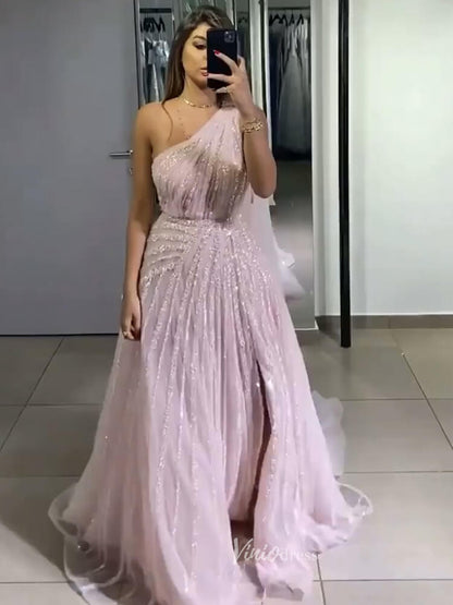 One Shoulder Beaded Prom Dresses Watteau Train 1920s Evening Dress with Slit 20045-Evening Dresses 2025 -Viniodress-Pink-US 2-