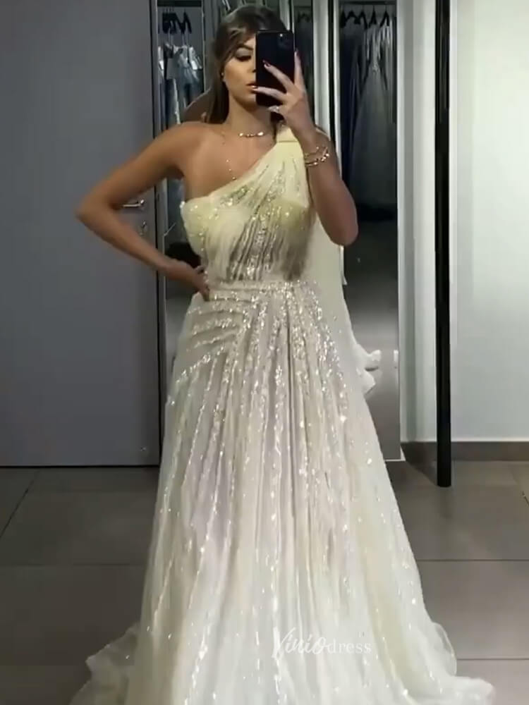 One Shoulder Beaded Prom Dresses Watteau Train 1920s Evening Dress with Slit 20045-Evening Dresses 2025 -Viniodress-Pink-US 2-