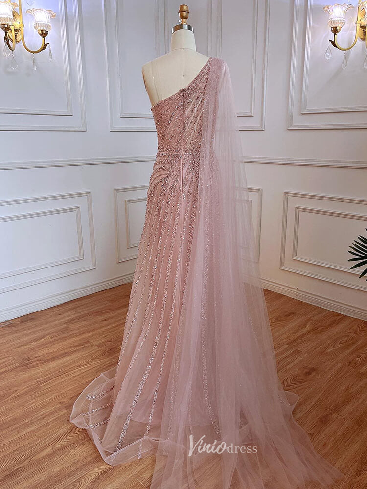 Prom Dress 2025 One Shoulder Beaded Prom Dresses Watteau Train 1920s Evening Dress with Slit 20045-unique prom dresses-Pink-US 2-Viniodress