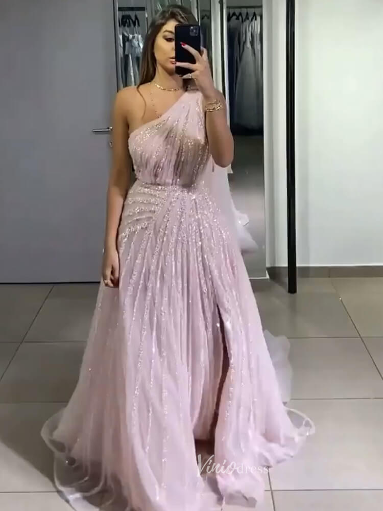 Prom Dress 2025 One Shoulder Beaded Prom Dresses Watteau Train 1920s Evening Dress with Slit 20045-unique prom dresses-Pink-US 2-Viniodress