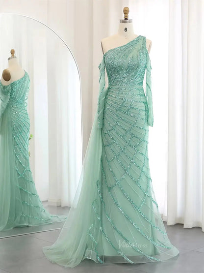 One Shoulder Beaded Prom Dresses with Long Sleeves, Tulle Overskirt BD027-Evening Dresses 2025 -Viniodress-Light Green-US 2-
