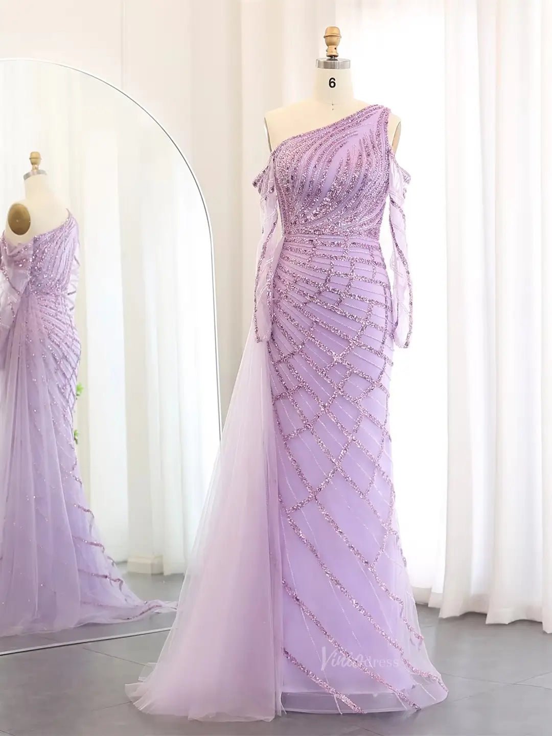 One Shoulder Beaded Prom Dresses with Long Sleeves, Tulle Overskirt BD027-Evening Dresses 2025 -Viniodress-Lilac-US 2-