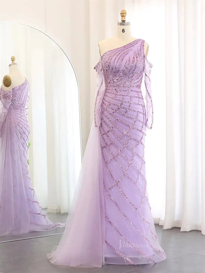 One Shoulder Beaded Prom Dresses with Long Sleeves, Tulle Overskirt BD027-Evening Dresses 2025 -Viniodress-Lilac-US 2-