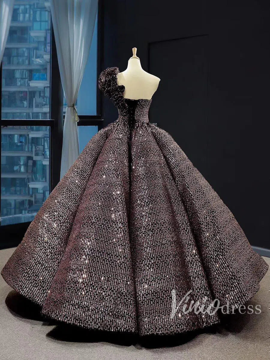One Shoulder Black Quinceañera Dress Sparkling Ball Gown Prom Dress FD1281 viniodress-Quinceanera Dresses 2025 -Viniodress-Purple-US 2-