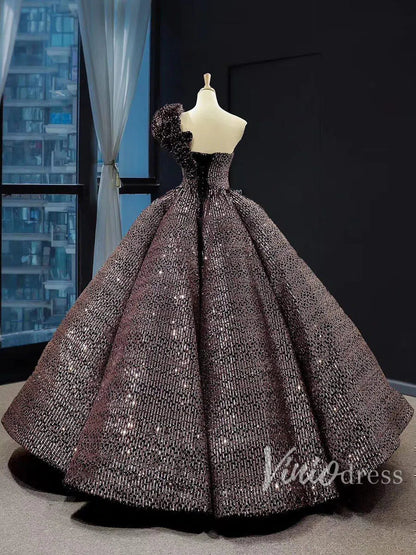 One Shoulder Black Quinceañera Dress Sparkling Ball Gown Prom Dress FD1281 viniodress-Quinceanera Dresses 2025 -Viniodress-Purple-US 2-