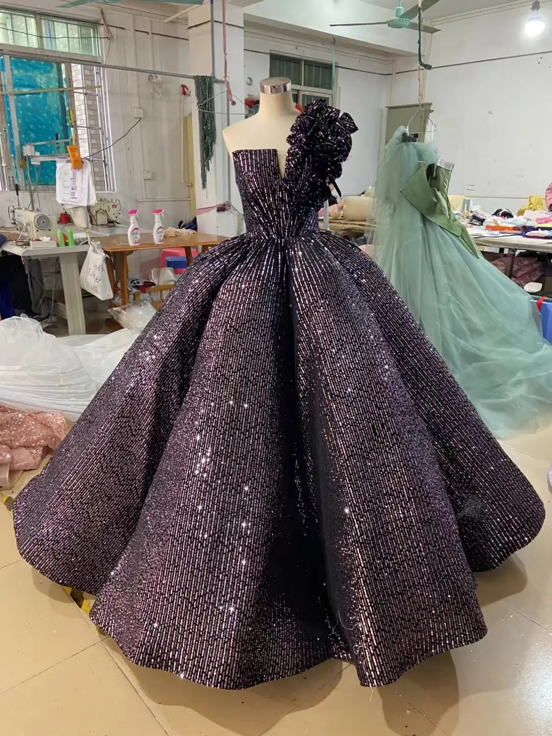 One Shoulder Black Quinceañera Dress Sparkling Ball Gown Prom Dress FD1281 viniodress-Quinceanera Dresses 2025 -Viniodress-Purple-US 2-