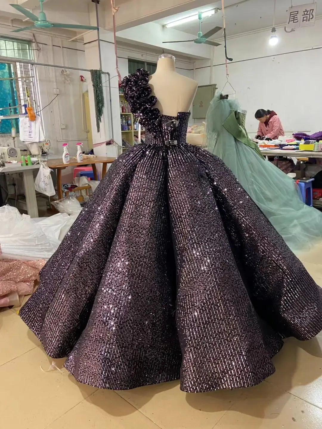 One Shoulder Black Quinceañera Dress Sparkling Ball Gown Prom Dress FD1281 viniodress-Quinceanera Dresses 2025 -Viniodress-Purple-US 2-