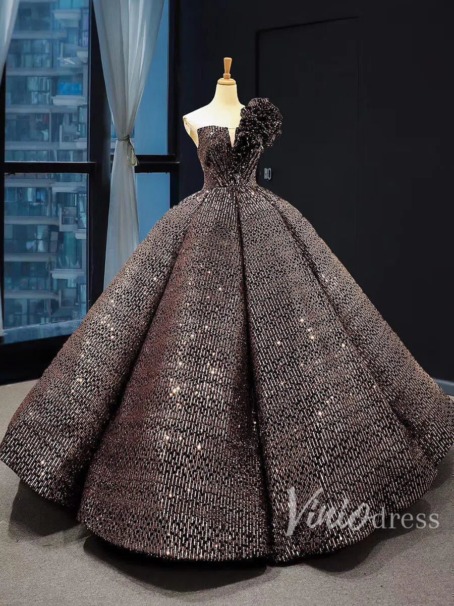 One Shoulder Black Quinceañera Dress Sparkling Ball Gown Prom Dress FD1281 viniodress-Quinceanera Dresses 2025 -Viniodress-Purple-US 2-