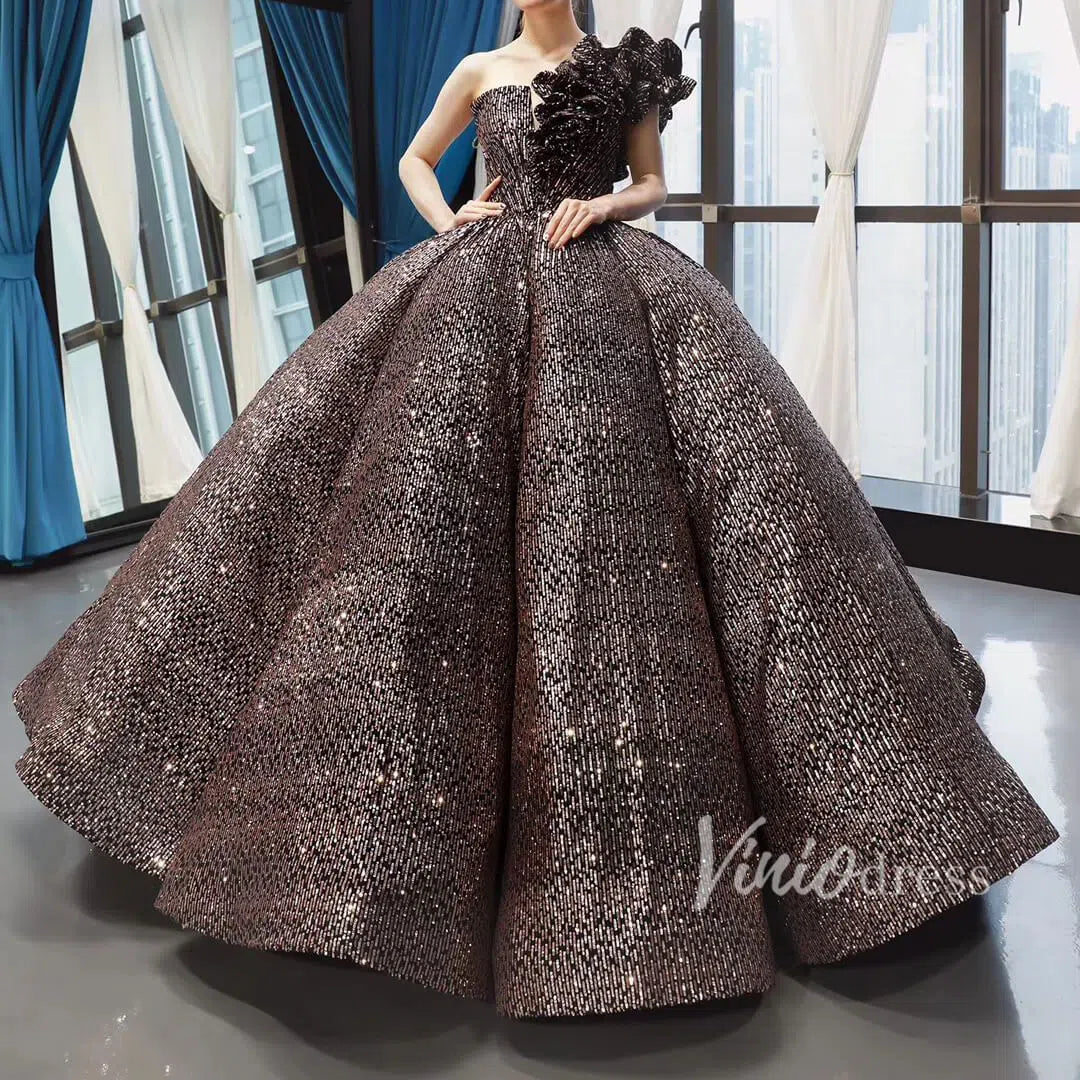 One Shoulder Black Quinceañera Dress Sparkling Ball Gown Prom Dress FD1281 viniodress-Quinceanera Dresses-Viniodress-Viniodress