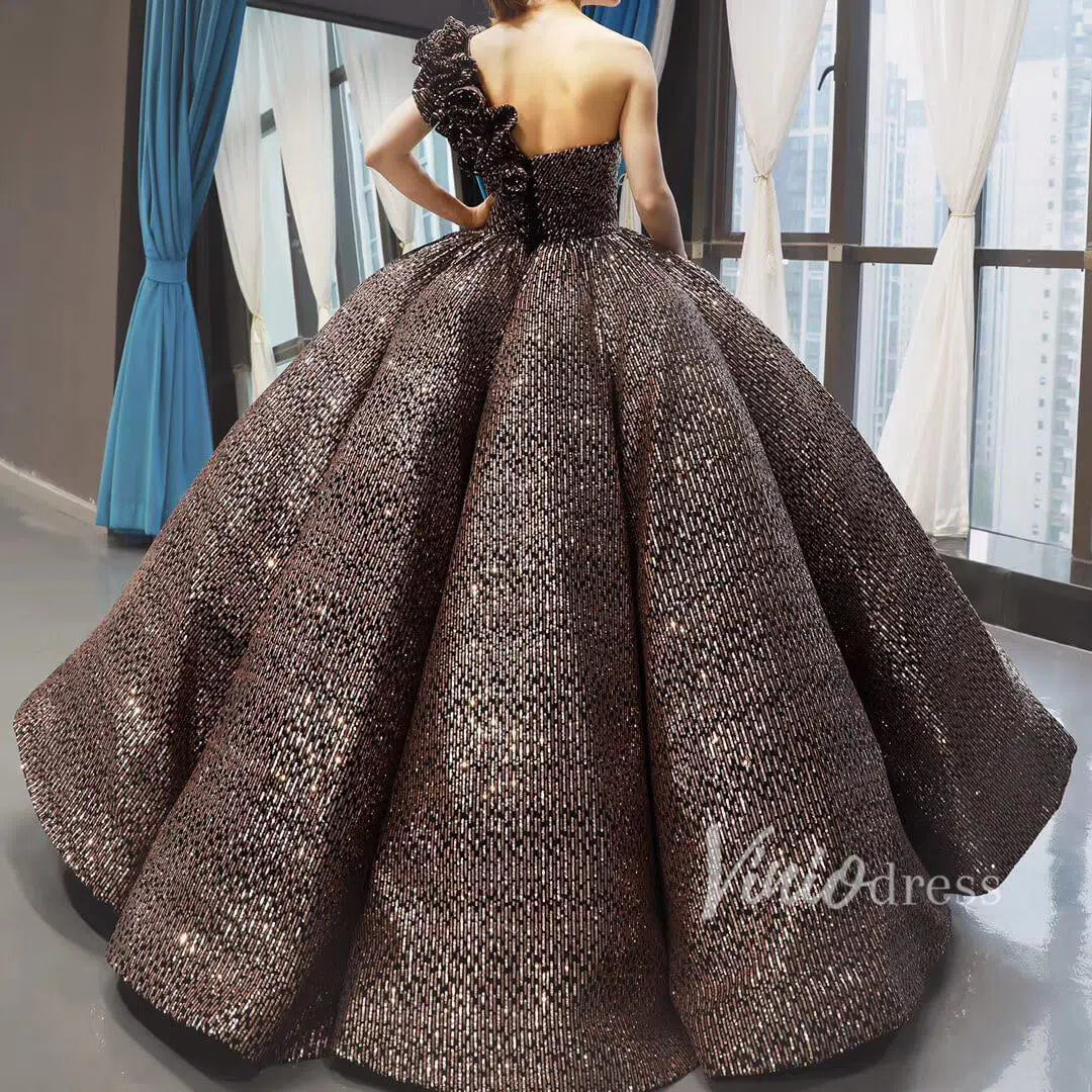 One Shoulder Black Quinceañera Dress Sparkling Ball Gown Prom Dress FD1281 viniodress-Quinceanera Dresses-Viniodress-Viniodress