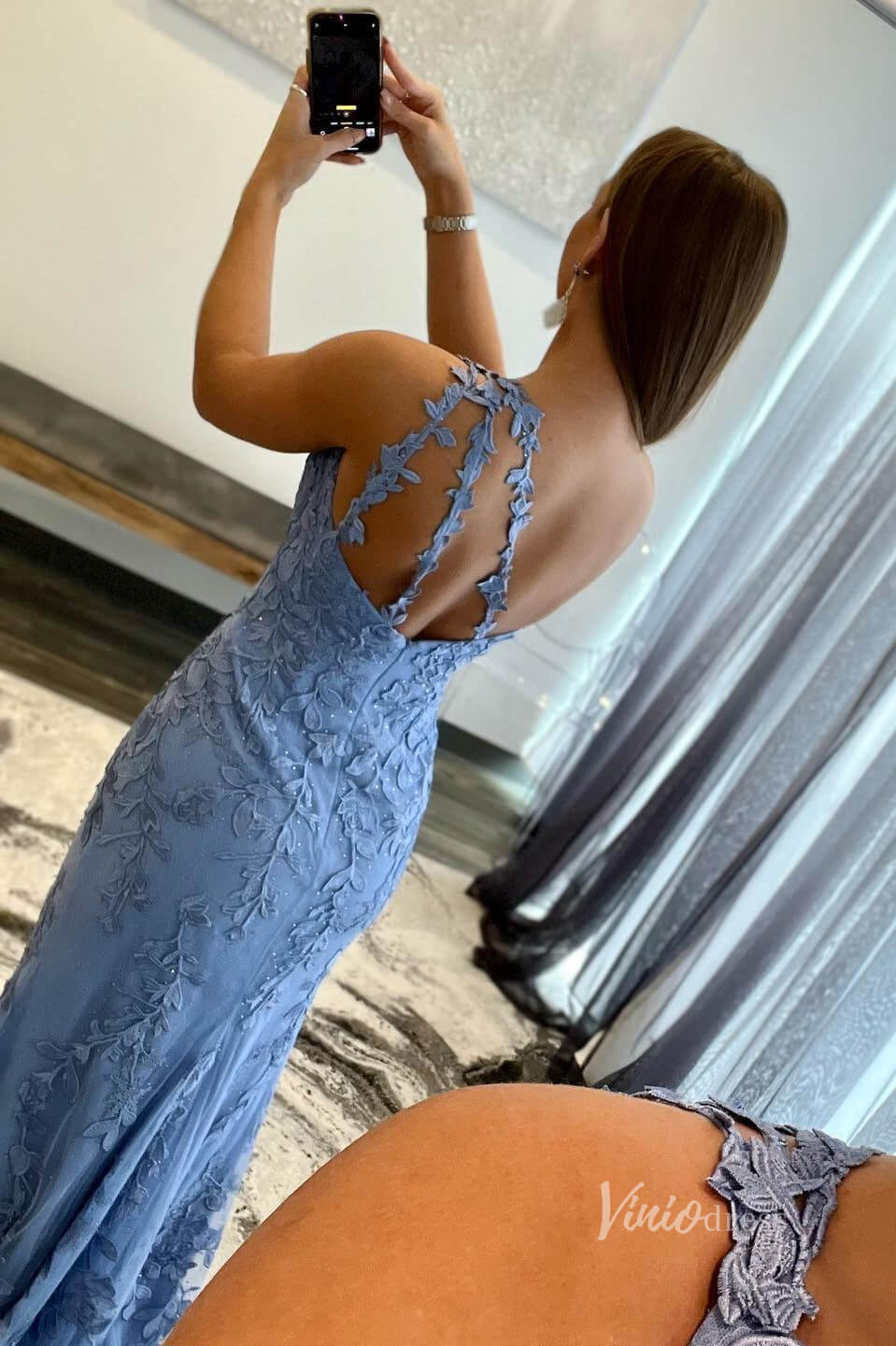 One Shoulder Blue Lace Appliqued Prom Dresses with Slit FD1250R-prom dresses 2025 -Viniodress-Blue-Custom Size-