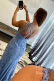 One Shoulder Blue Lace Appliqued Prom Dresses with Slit FD1250R-prom dresses-Viniodress-Viniodress