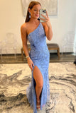 One Shoulder Blue Lace Appliqued Prom Dresses with Slit FD1250R-prom dresses-Viniodress-Viniodress