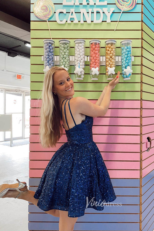 One Shoulder Blue Sequin Homecoming Dresses A-line Short Graduation Dress SD1520-Homecoming Dresses 2025 -Viniodress-Navy Blue-Custom Size-