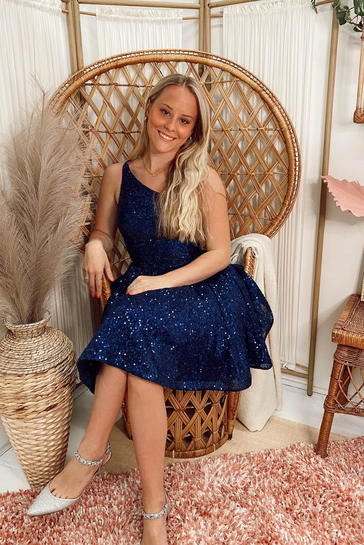 One Shoulder Blue Sequin Homecoming Dresses A-line Short Graduation Dress SD1520-Homecoming Dresses 2025 -Viniodress-Navy Blue-Custom Size-
