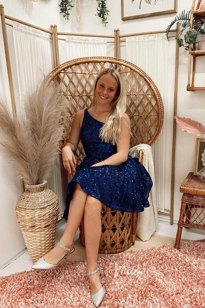One Shoulder Blue Sequin Homecoming Dresses A-line Short Graduation Dress SD1520-Homecoming Dresses 2025 -Viniodress-Navy Blue-Custom Size-